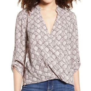 NWT All In Favor Snake Skin Print Wrap Top with Roll Tab Sleeves Size XS